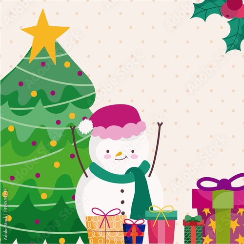 merry christmas snowman cartoon tree and gift boxes