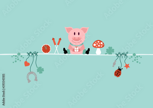 Sitzendes Schwein Mit Icons Türkis