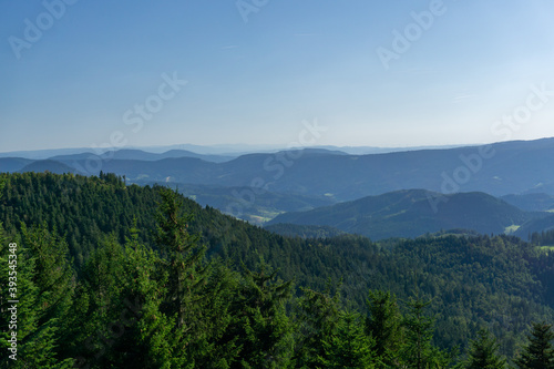 View of Black Forest and the Vosges mountain range from platform at Schliffkopf mountain, Baden-Württemberg, Germany