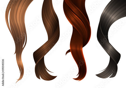 Wavy Strands of Different Coloring Hair. Vector Realistic 3d Illustration. Design Element for Hairdressers, Beauty Salons, Hair Care Cosmetics, Shampoo or Conditioner Packaging