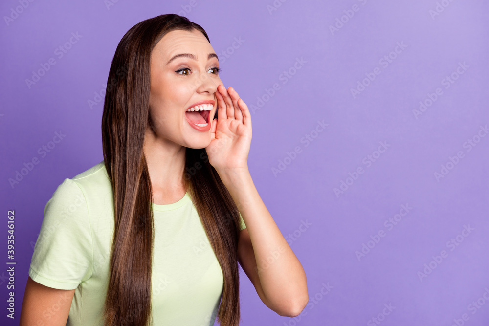 Portrait of attractive lady arm near open mouth scream noise look empty space isolated on purple color background Portrait of attractive lady arm near open mouth scream noise look empty space isolated on purple color background