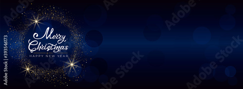 Merry Christmas and Happy New Year 2021. Greeting card with hand drawn lettering gold glittering round on blue background. For cover social network, invitations, banner, poster. Vector illustration.