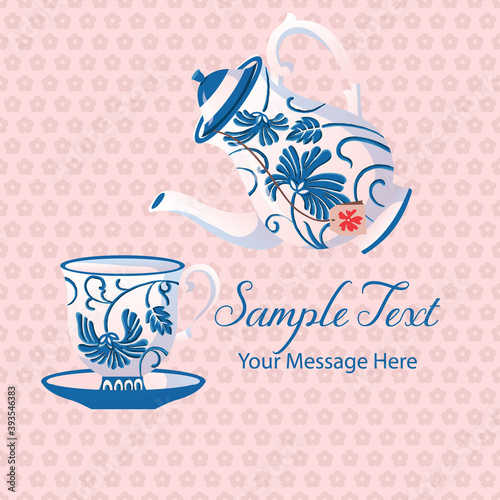 Blue Ceramic Vintage Tea Set Vector Card Background
