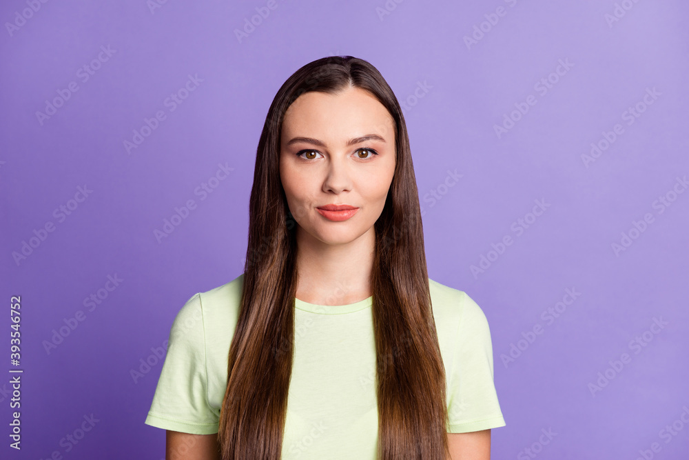 Photo of gorgeous person look camera content smile wear light green outfit isolated on violet color background Photo of gorgeous person look camera content smile wear light green outfit isolated on violet color background