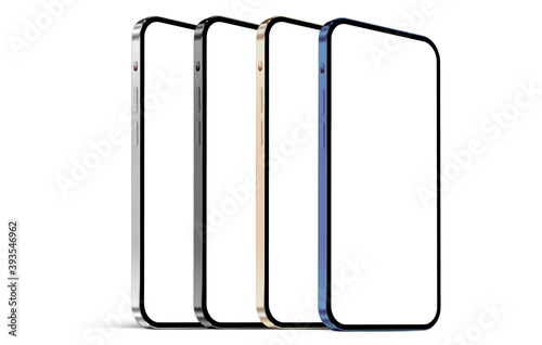 Smartphone blank screen in silver, grey, gold, and blue color with frameless stainless steel design standing on the edge with shadow - vector eps 10 format with easy way to replace background