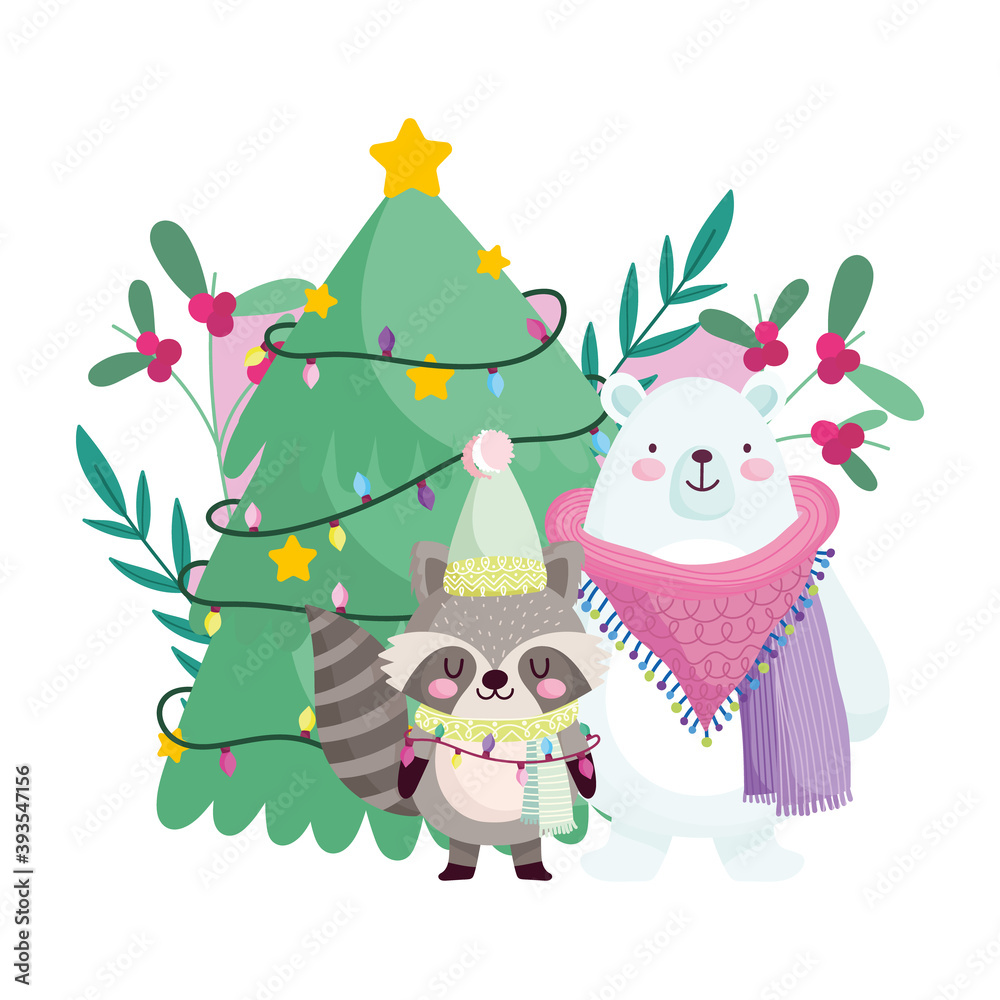 merry christmas, bear raccoon with tree and lights celebration icon isolation merry christmas, bear raccoon with tree and lights celebration icon isolation