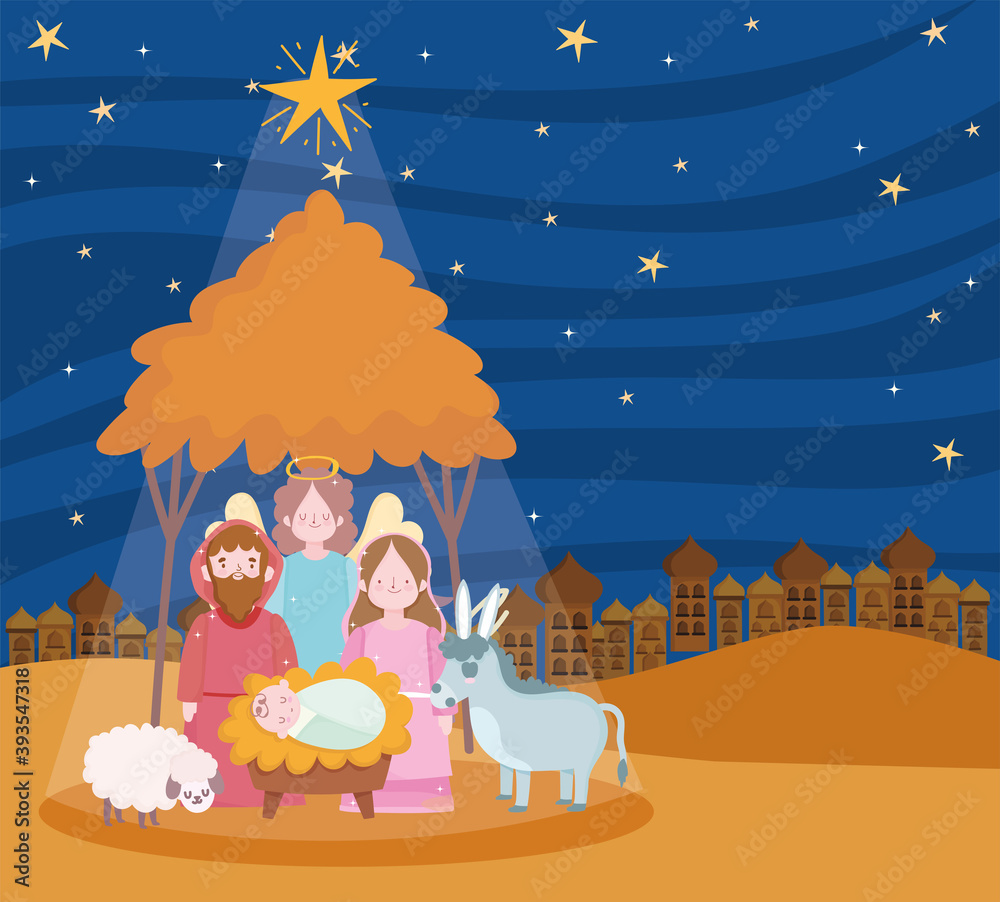 Naklejka premium nativity, manger scene mary joseph baby angel and animals cartoon