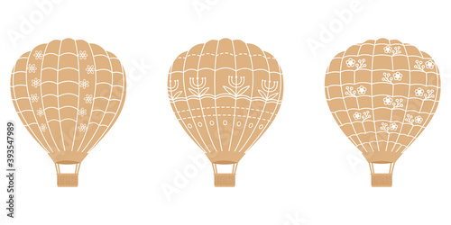 Air balloons retro various set. Vintage beige paper hot balloons on white background. Hand drawn collection decoration balloons in craft paper texture