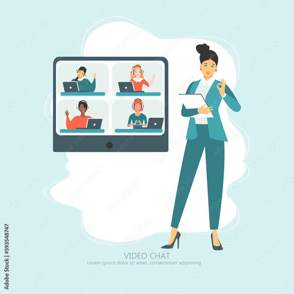 Professionals Teamwork Flat Vector Banner with Multinational Female Employees on Computer Monitor, Company Workers Communicating in Internet Illustration. Business Team Distant Work Concept Professionals Teamwork Flat Vector Banner with Multinational Female Employees on Computer Monitor, Company Workers Communicating in Internet Illustration. Business Team Distant Work Concept