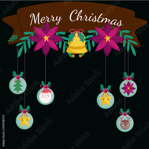 merry christmas ribbon with hanging snowballs with tree santa star deer decoration
