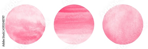 Pink watercolor circles set, collection. Round shapes, painted frames, Valentine's or Women day backgrounds with stains. Light blush pink, rose watercolour texture. Hand drawn abstract aquarelle fill.