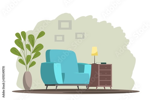 Modern living room interior design background. Room at home with armchair, mat, plant, cupboard with book and lamp. Empty cosy area for rest and recreation vector illustration