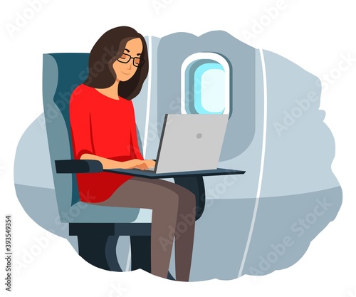 Travel blogger writing on laptop in plane. Young woman traveling, working and blogging on computer in air. Creative online work vector. Girl sitting in seat indoor near window