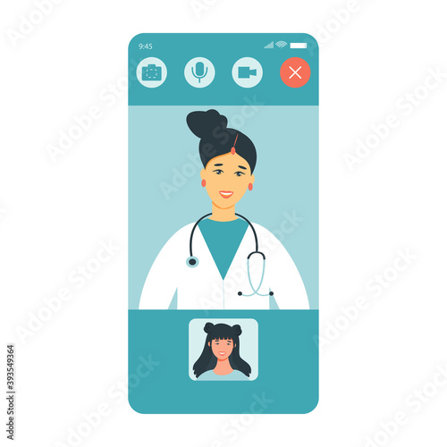 Virtual doctor app flat vector illustration. Mobile consultation, smart medical assistance. Modern telemedicine, eHealth concept, telehealth, Coronavirus Covid-19, quarantine motivational poster.