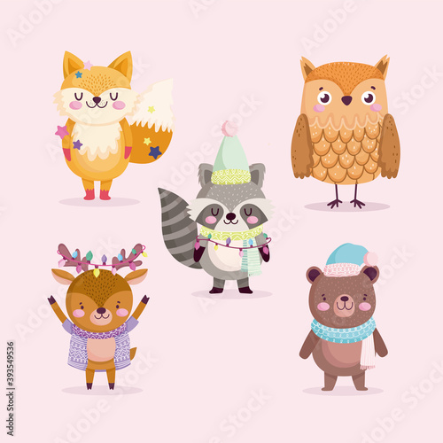 merry christmas, cute animals with hat scarf and lights celebration