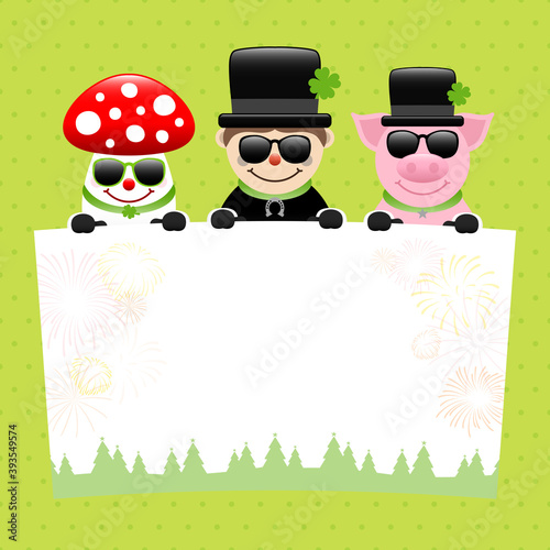 Fliegenpilz Schornsteinfeger Und Schwein Mit Sonnenbrille Und Schild Punkte Grün