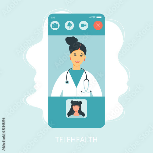 Virtual doctor app flat vector illustration. Mobile consultation, smart medical assistance. Modern telemedicine, eHealth concept, telehealth, Coronavirus Covid-19, quarantine motivational poster.