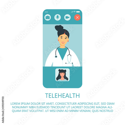 Virtual doctor app flat vector illustration. Mobile consultation, smart medical assistance. Modern telemedicine, eHealth concept, telehealth, Coronavirus Covid-19, quarantine motivational poster.