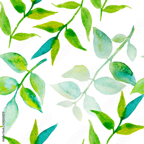 Seamless watercolor pattern with green leaves on white background. 