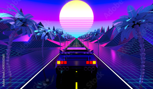 Bild auf Leinwand 3D violet and blue retro, futuristic 80's design - car on a road