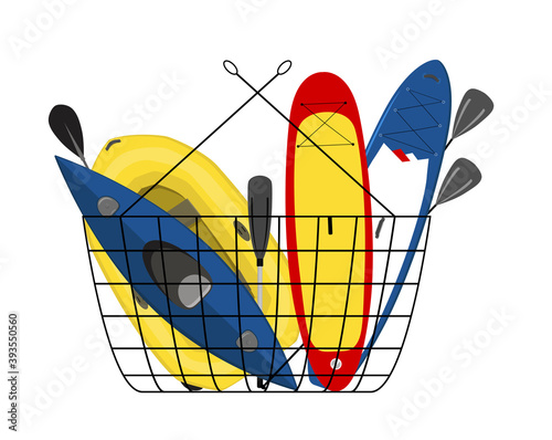 Paddle boards, inflatable boat and kayak in a shopping basket isolated illustration.