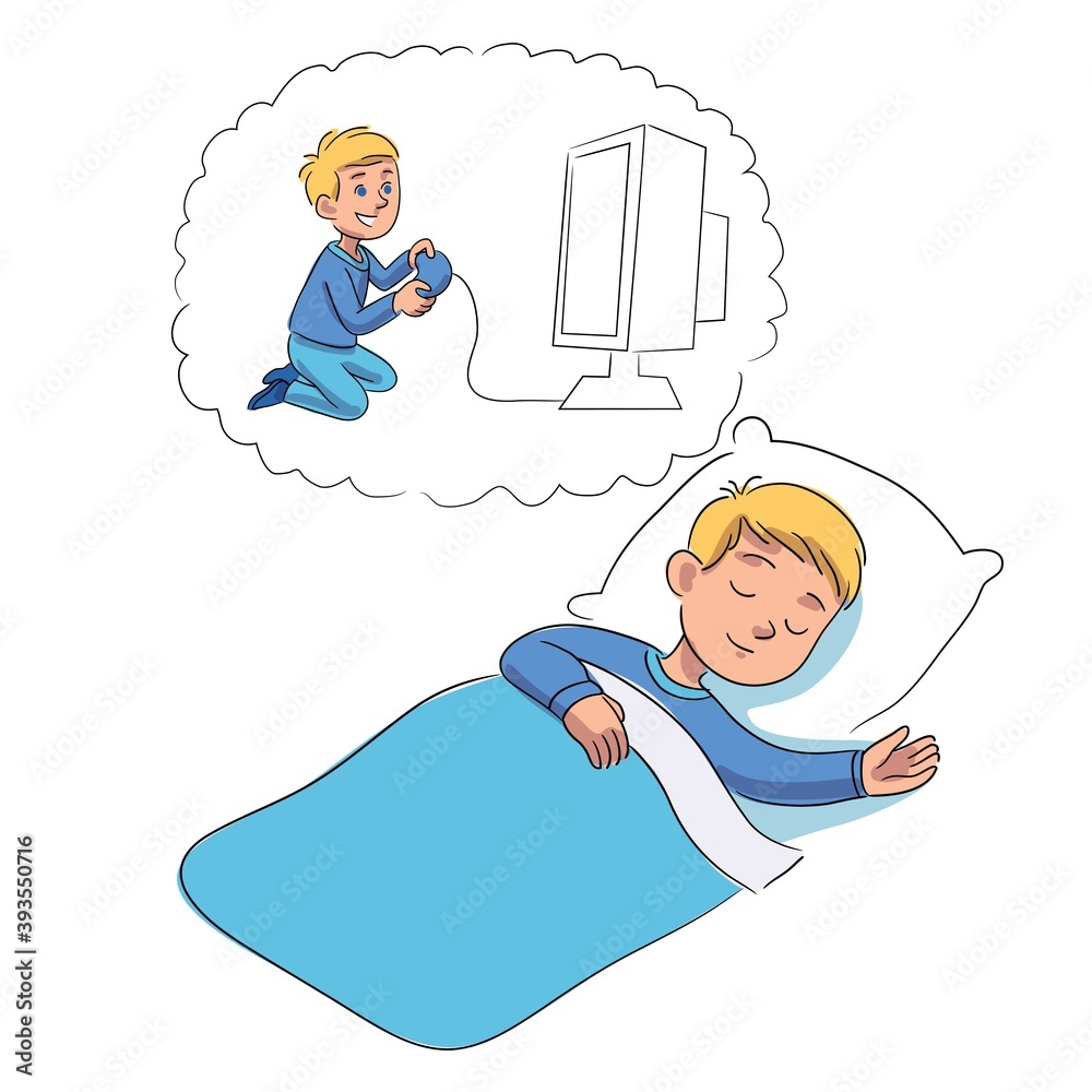 Child sleeping dreaming playing computer games in bubble. Calm boy under blanket on pillow in bedroom asleep at night. Happy childhood at bedtime vector illustration. Good night sleep