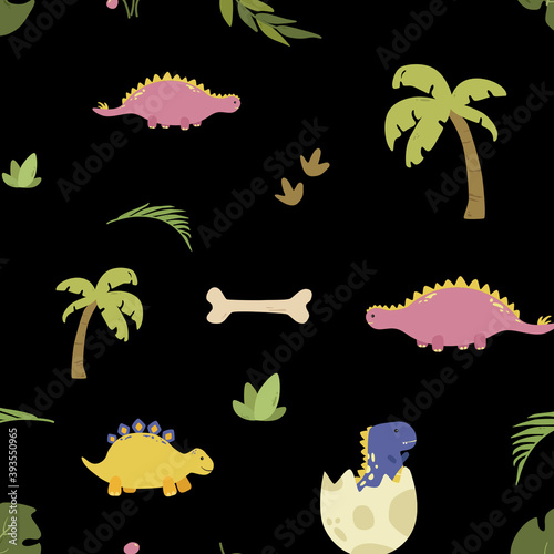 colorful cute dinosaur in doodle style pattern with tropical leaves on black.