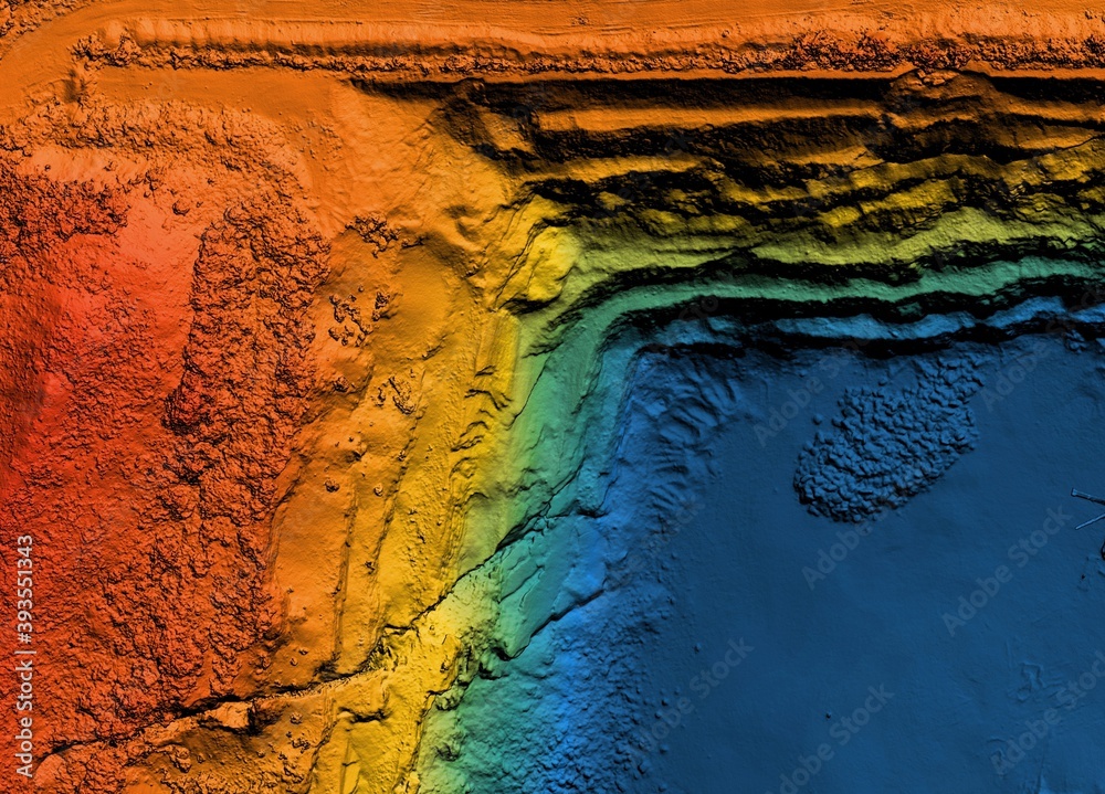 Digital elevation model. GIS product made after proccesing aerial pictures. It shows excavation site with steep rock walls that was mapped from a drone	