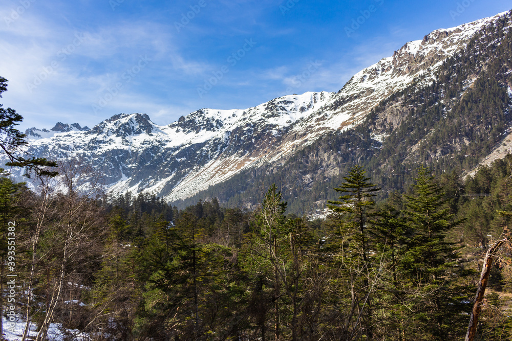 The Nets Peak and Soum de la Heougade, viewed from the ski resort Pont d'Espagne in the French Pyrenees, in the department of the Hautes-Pyrénées, near the town of Cauterets, France.