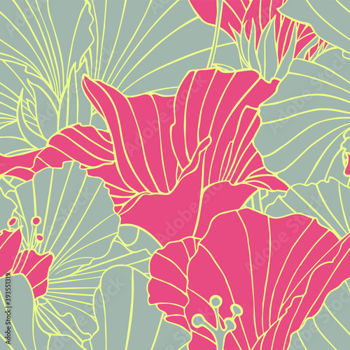 Seamless pattern with flowers of hibiscus. Red and gray blossoms with yellow outlines. Repeating linear texture. A drawing with ink contours of hibiscus. Tropical trendy exotic floral background.