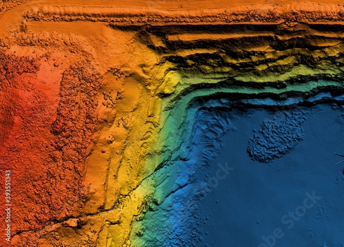 Digital elevation model. GIS product made after proccesing aerial pictures. It shows excavation site with steep rock walls that was mapped from a drone