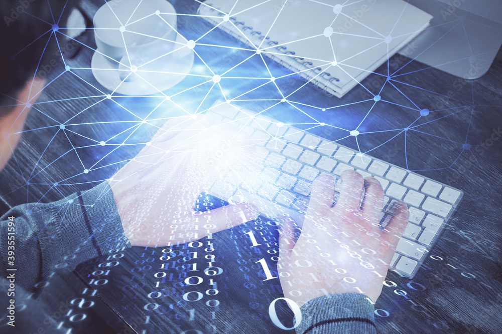 Double exposure of tech drawings with hands working on computer background. Concept of innovation. Double exposure of tech drawings with hands working on computer background. Concept of innovation.