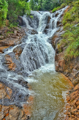 beautiful mountain waterfall among green trees