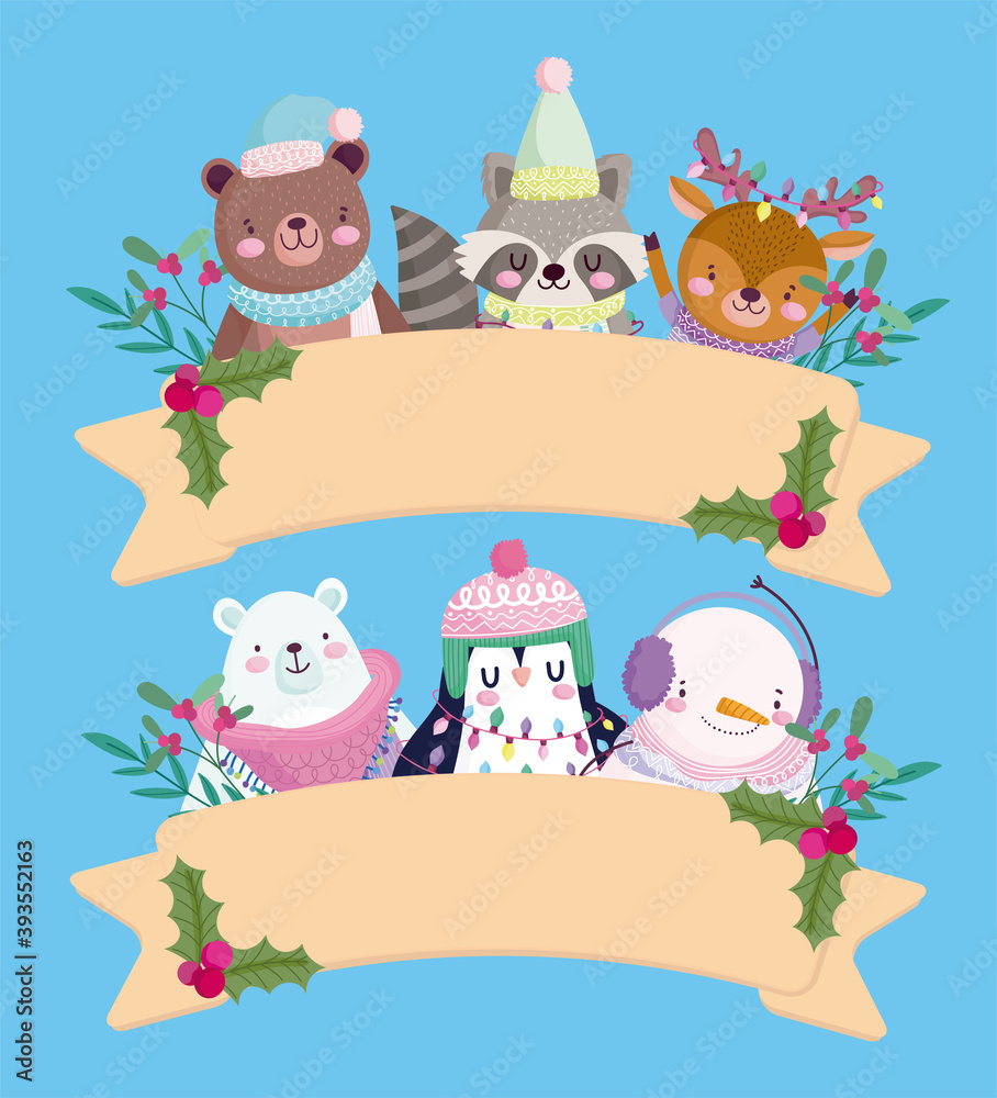 merry christmas, cute animals with hats holly berry ribbon decoration merry christmas, cute animals with hats holly berry ribbon decoration