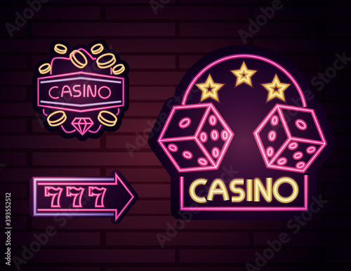 casino, gambling night bright advertising neon sign set