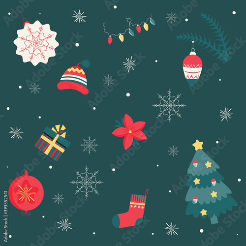 Christmas set, cute seasonal elements, vector illustration in flat style