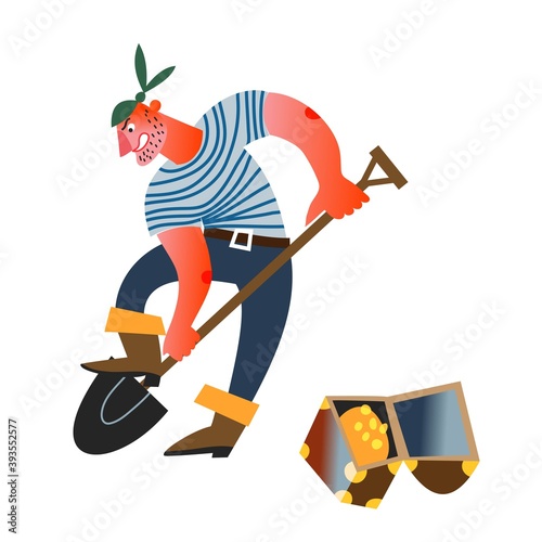 Angry pirate digging for treasure with gold. Sailor with shovel, open chest with money nearby isolated on white background. Adventure and marine piracy vector illustration