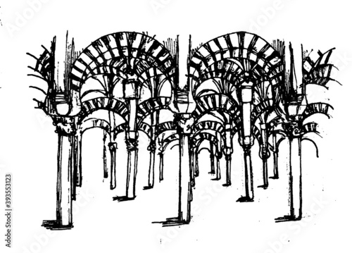 Mosque of Córdoba interior vector hand drawn black and white illustration 