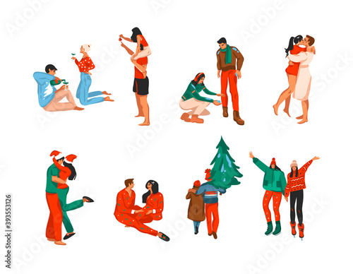Hand drawn vector abstract fun stock flat Merry Christmas,and Happy New Year cartoon festive card with cute illustrations of Xmas couple together collection set bundle isolated on white background