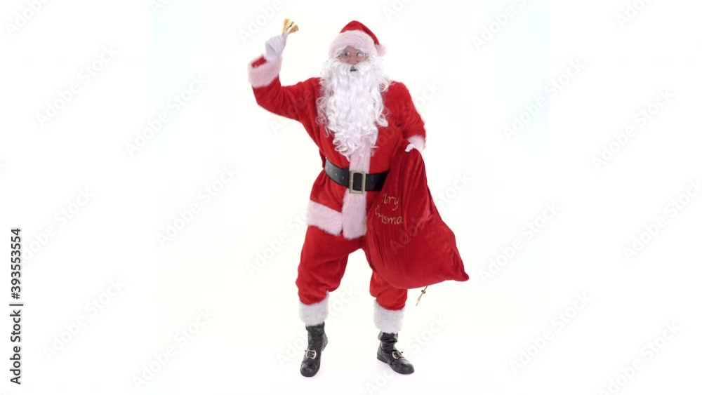 Santa is dancing holds presents sack and rings bell. Crazy funny Santa Claus is holding gifts bag, ringing bell on white background Santa is dancing holds presents sack and rings bell. Crazy funny Santa Claus is holding gifts bag, ringing bell on white background