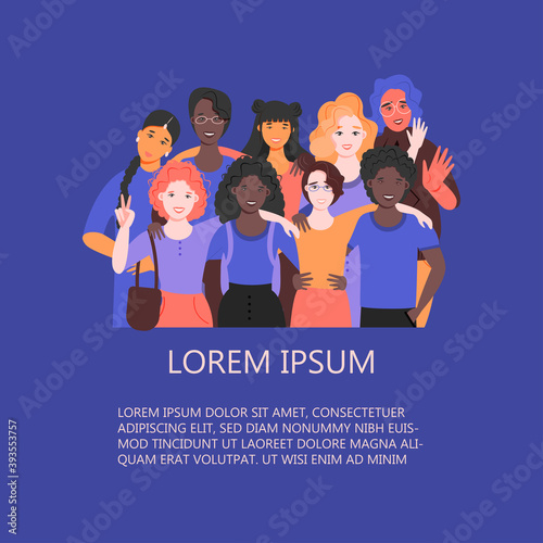 Multicultural group of people is standing together. Team of colleagues, students, happy men and women. Multinational society. Friendship, teamwork and cooperation. Vector flat illustration.