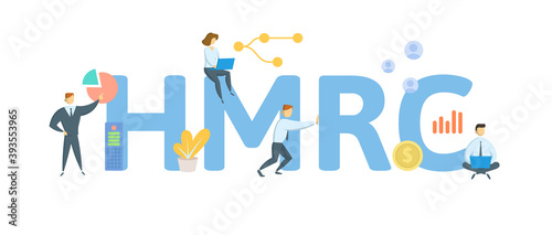 HMRC, Her Majesty's Revenue and Customs. Concept with keywords, people and icons. Flat vector illustration. Isolated on white background.