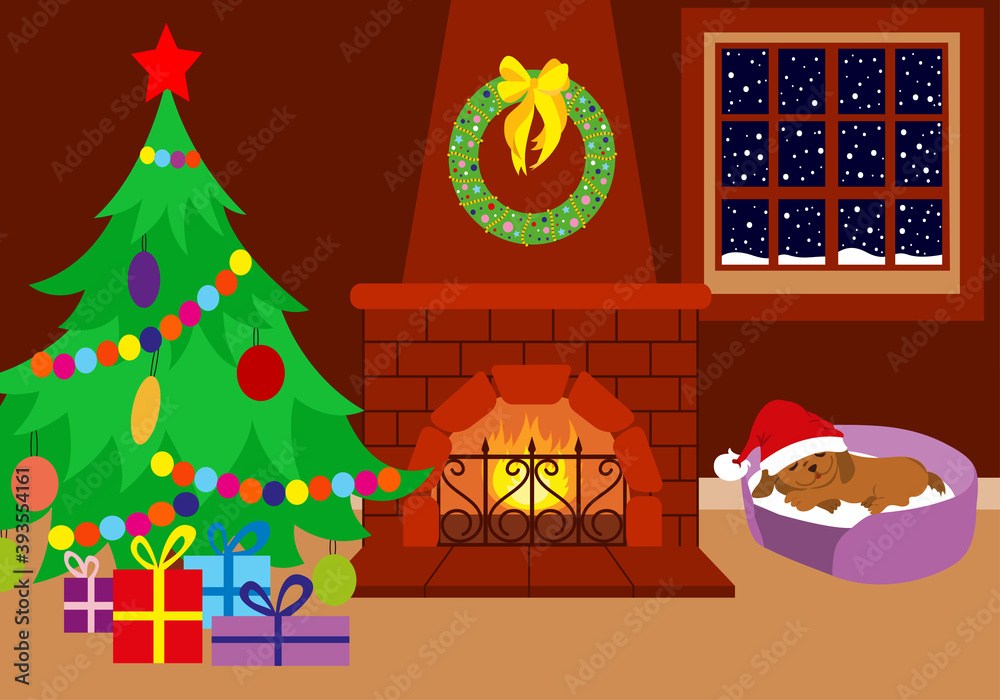 Christmas room. The fireplace is decorated with a Christmas wreath. It is snowing outside. Christmas tree, gifts and cute puppy in a red Santa Claus hat. Cozy room interior