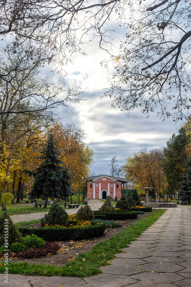 Empty wooden benches and picturesque autumn park	