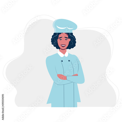 Female african-american chef cooker. Smiling chief cooker in uniform and hat standing with arms crossed. Vector flat design illustration 