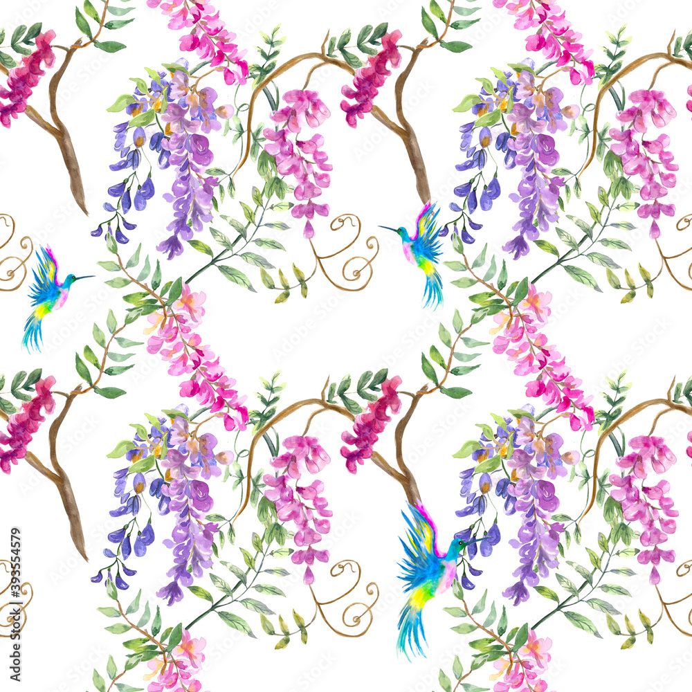Watercolor illustration. Seamless pattern with wisteria and hummingbird flowers. Seamless design for fabric, background, paper, etc.