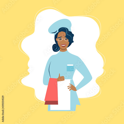 female Indian Chief Cook Character. Smiling chief cooker in uniform.  Vector flat design illustration 