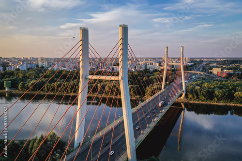 Drone view of Siekierkowski Bridge over River Vistula in Warsaw, capital of Poland