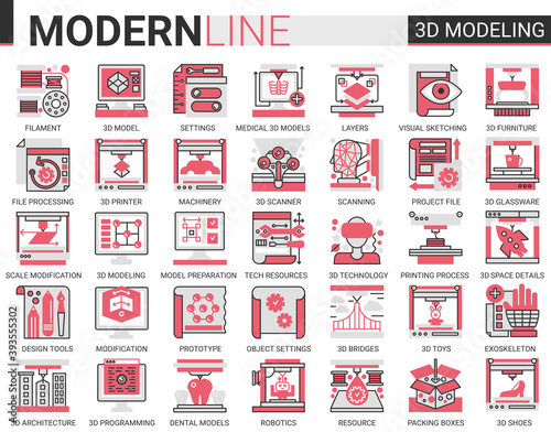 3d printing complex flat line concept science technology web icons vector set. Red black thin line creative design with modelling modern tech printer equipment machinery, future scientific innovation