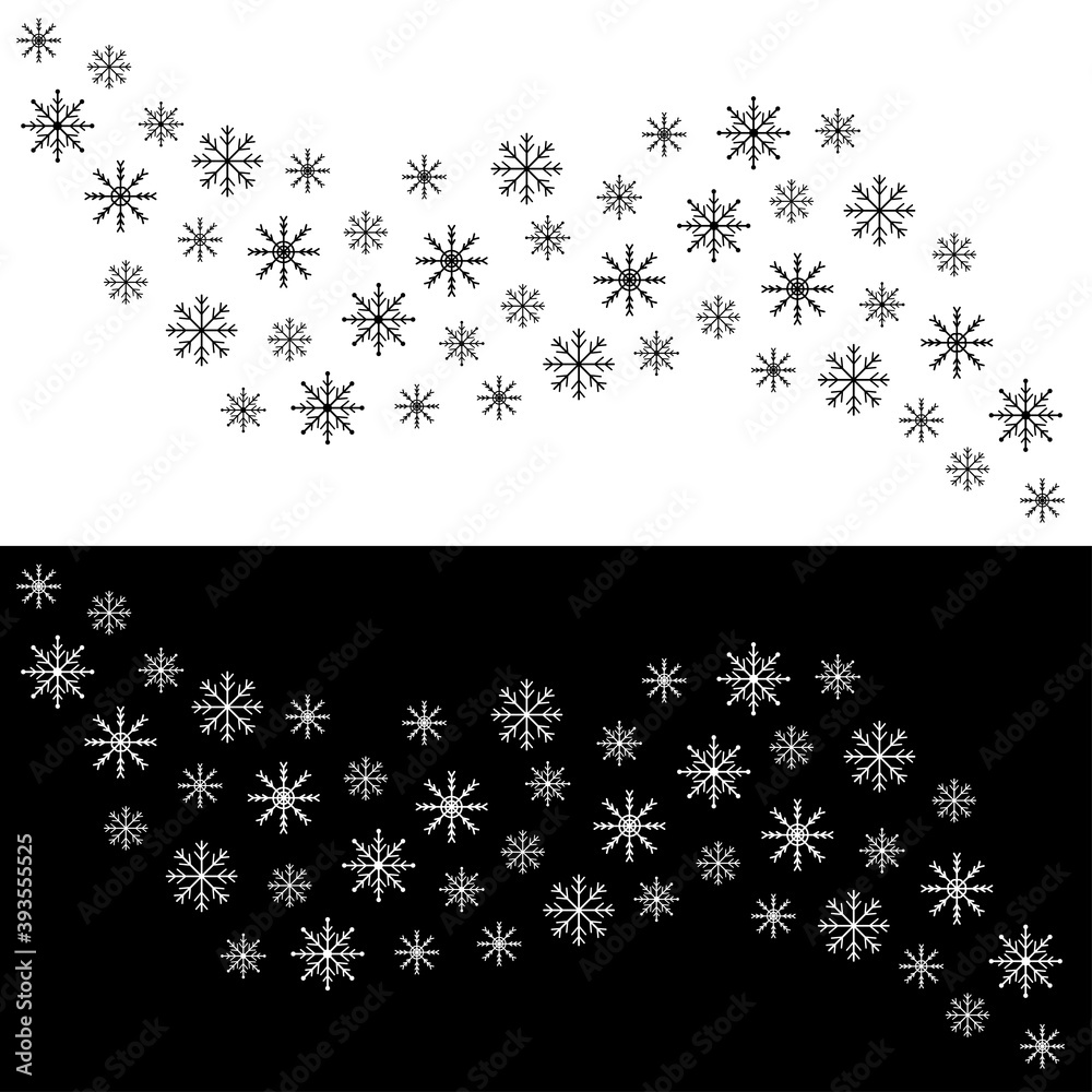 Snowflake icon set. Black white wave snowflakes line banner. Merry Christmas. Happy New Year decoration sign symbol. Xmas paper craft. Snow flake. Frozen star shape. Winter background. Flat design.